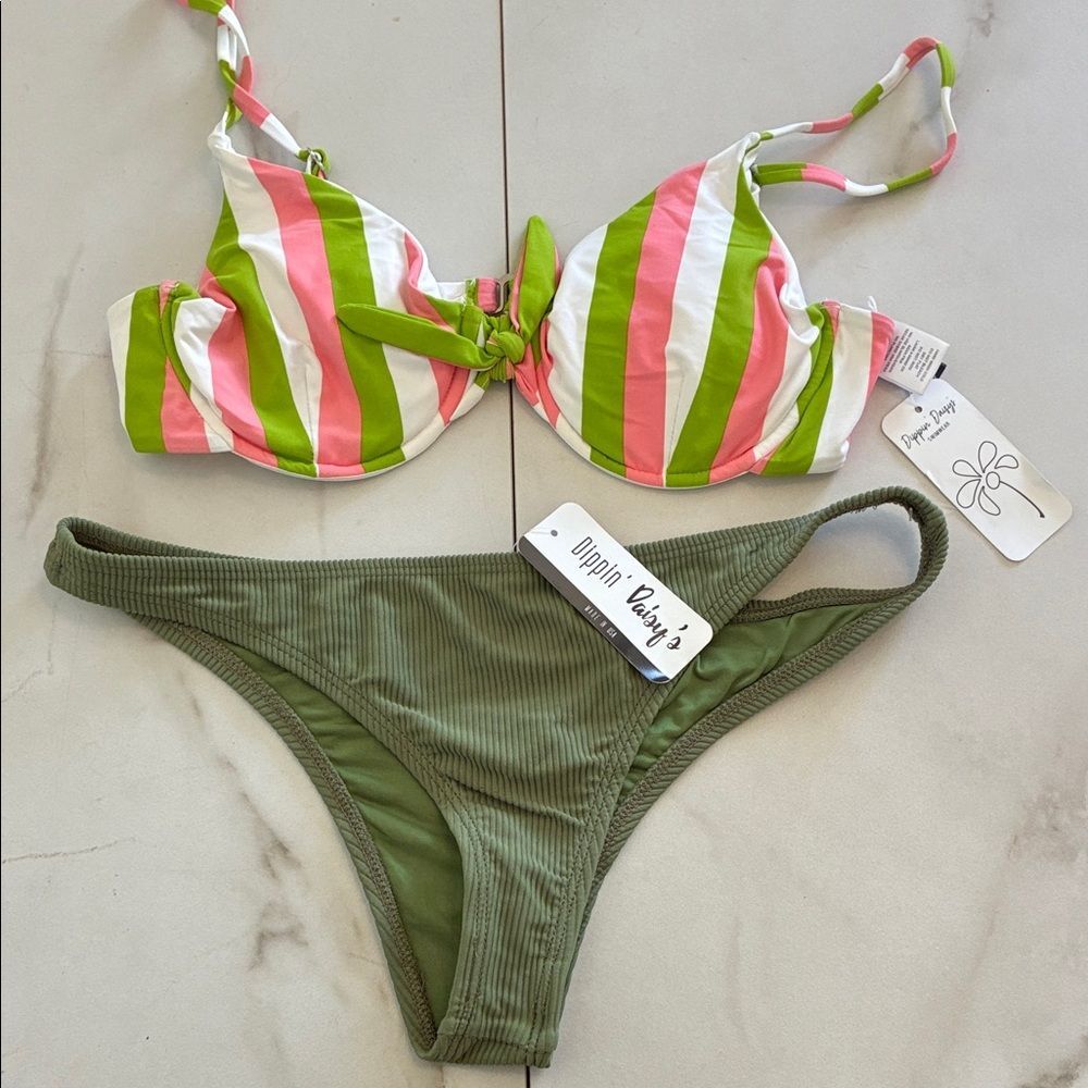 Nwt Dippin' Daisy's Pink Striped Bikini Top Olive Green Ribbed Bottom